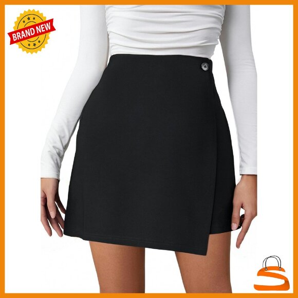 Dresses & Skirts - High Waist Wrap Mini Skirt Button Front Asymmetrical Hem Work Skirt